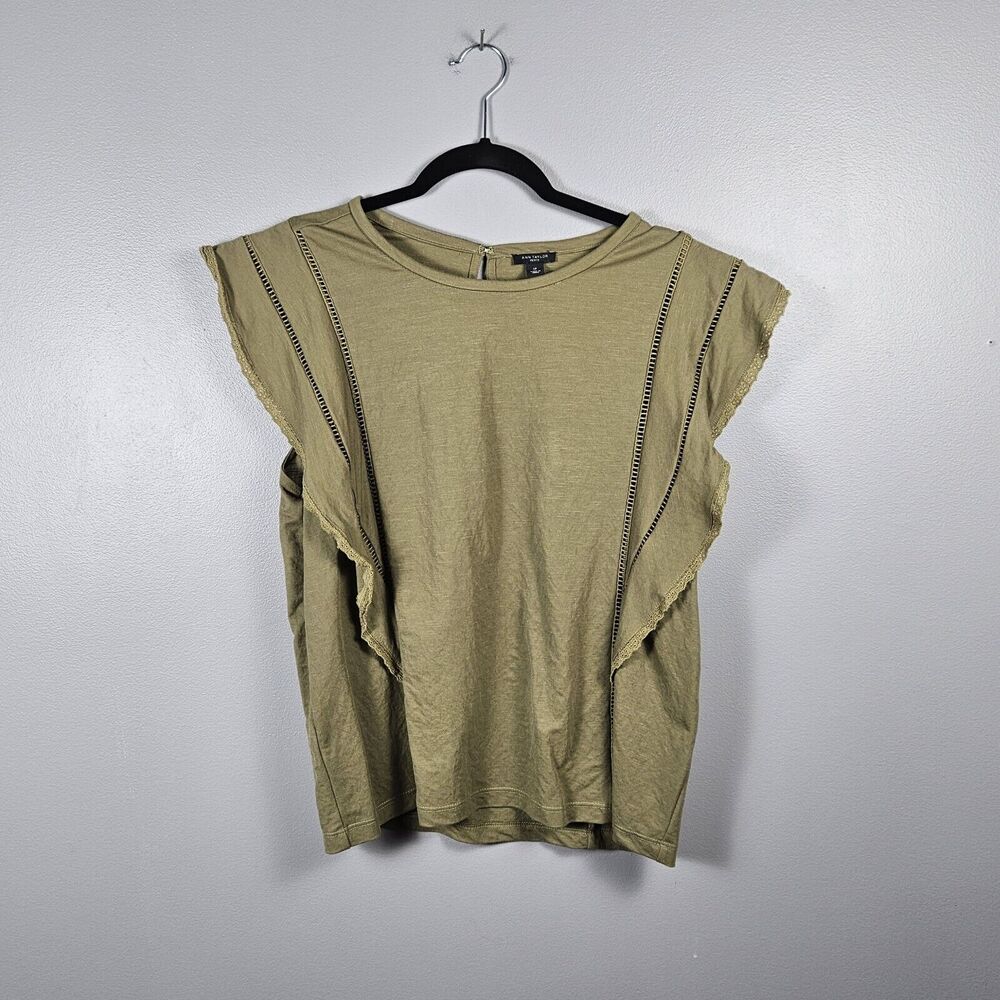Ann Taylor Womens Large Petite LP Embroidered Ruffle Cap Short‎ Sleeve Olive